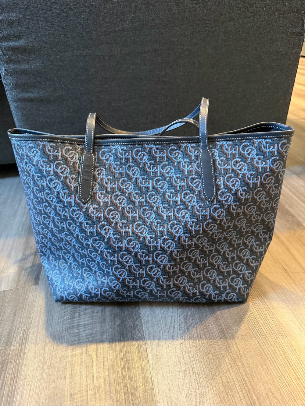 COACH City Tote CF342 Navy Blue Monogram Print Double Handle Shoulder Bag